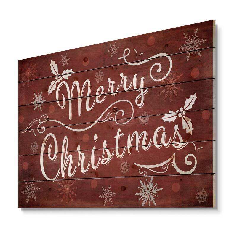 Designart 'Merry Christmas Season Greetings on Red' Print on Natural Pine Wood - Red