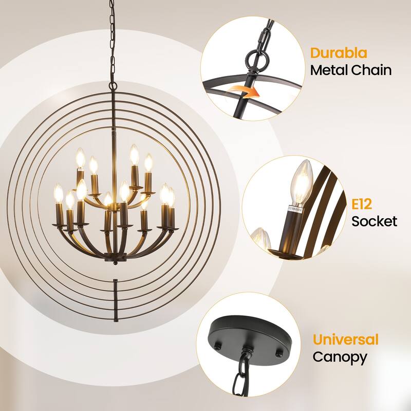 12 - Light Dimmable Candle Style Globe Tiered Chandelier