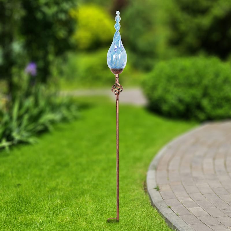 Exhart Solar Pearlized Hand Blown Glass Twisted Flame Garden Stake with Metal Finial Detail, 36 Inch