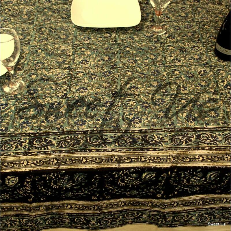 Block Print Cotton Vegetable Dye Dreamy Floral Tablecloth Rectangle