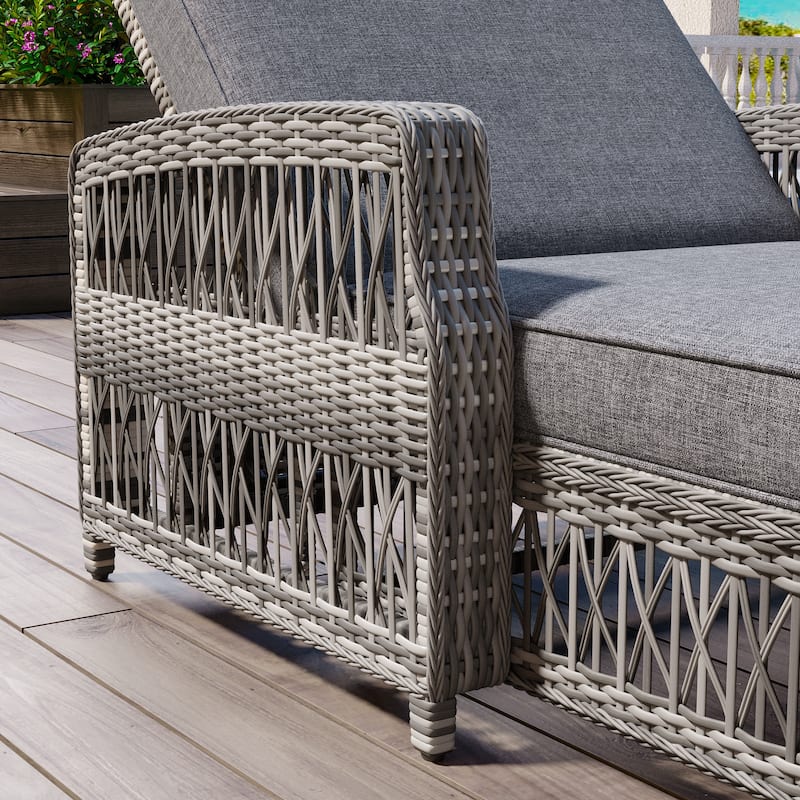 2 Pieces Long Reclining Chaise, Outdoor Wicker Lounge with Armrests, Patio Adjustable Recliner