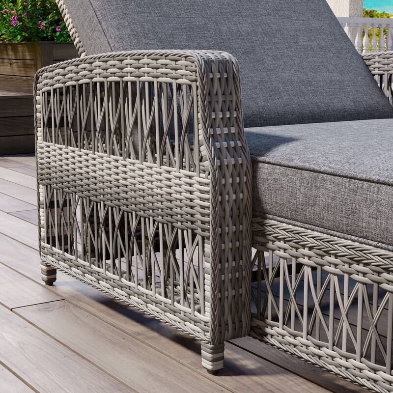 Anmytek Adjustable Wicker Outdoor Chaise Lounge with Gray Cushions and Armrests
