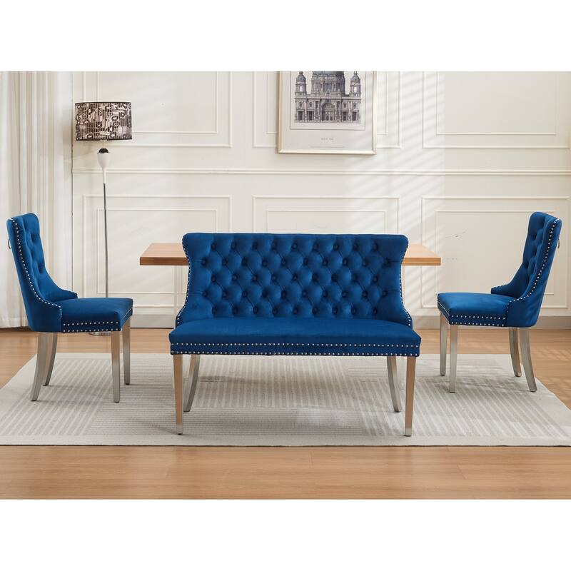 Velvet Double Dining Loveseat Bench, 2-Seat Tufted Bench w/Handmade Buttons, Wing Back, Stainless Steel Legs,Single Pack