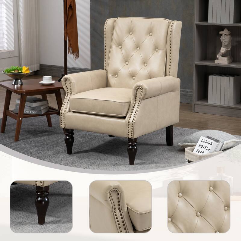 Vintage Single Sofa Chair Office Chair with Rubberwood Legs, Camel Leather Rolled Armrests Chair Desk Chair Dressing Chair