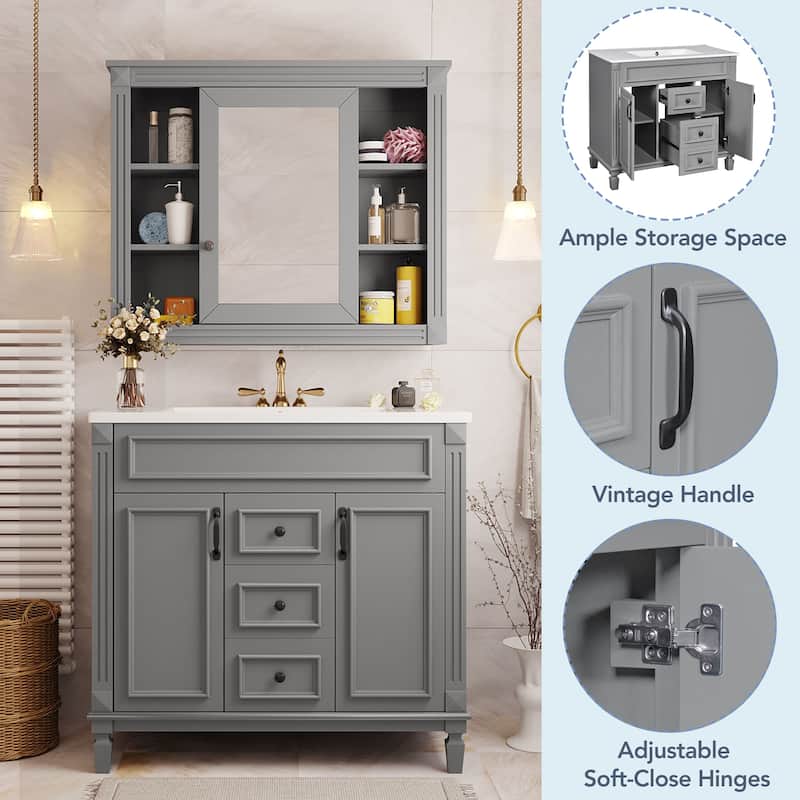 Bathroom Vanity Set with Medicine Cabinet and Floor Cabinet, Spacious Storage Cabinets with Mirror, Open Shelves and Drawers