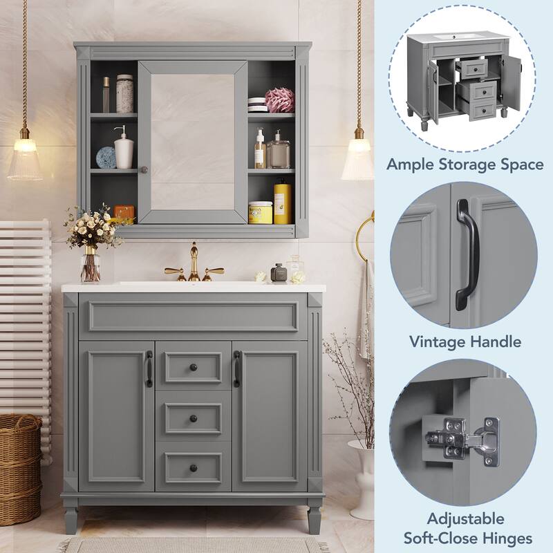 GDFStudio - Marwood Modern Bathroom Vanity Set with Ceramic Sink and Mirror Cabinet with 2 Soft Closing Doors & Drawers - 35.9'W
