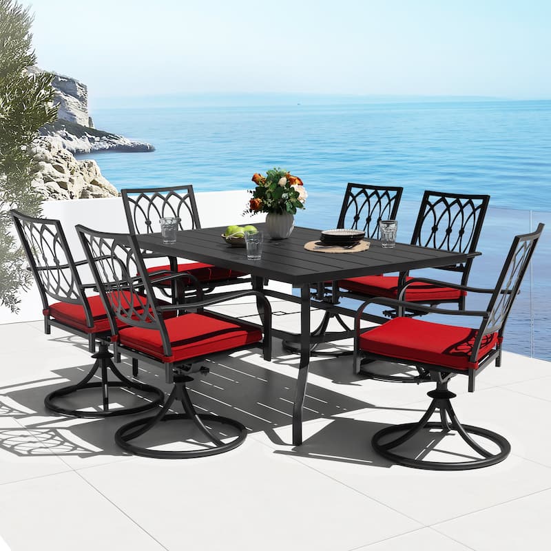 Metal Patio Dining Set with Umbrella Hole, Swivel Chairs with Cushions
