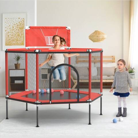 Kerrogee 43Inch Toddler Trampoline with Safe Enclosure Net, Safety Pad and Basketball Board - Toddler Trampoline - Red