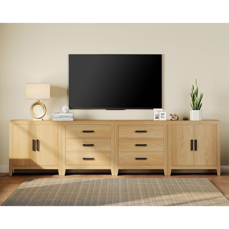 WAMPAT Extra Wide 126" Modern Farmhouse TV Stand，Wood Media Console with 6 Drawers & 2 Double Door Cabinets - Oak