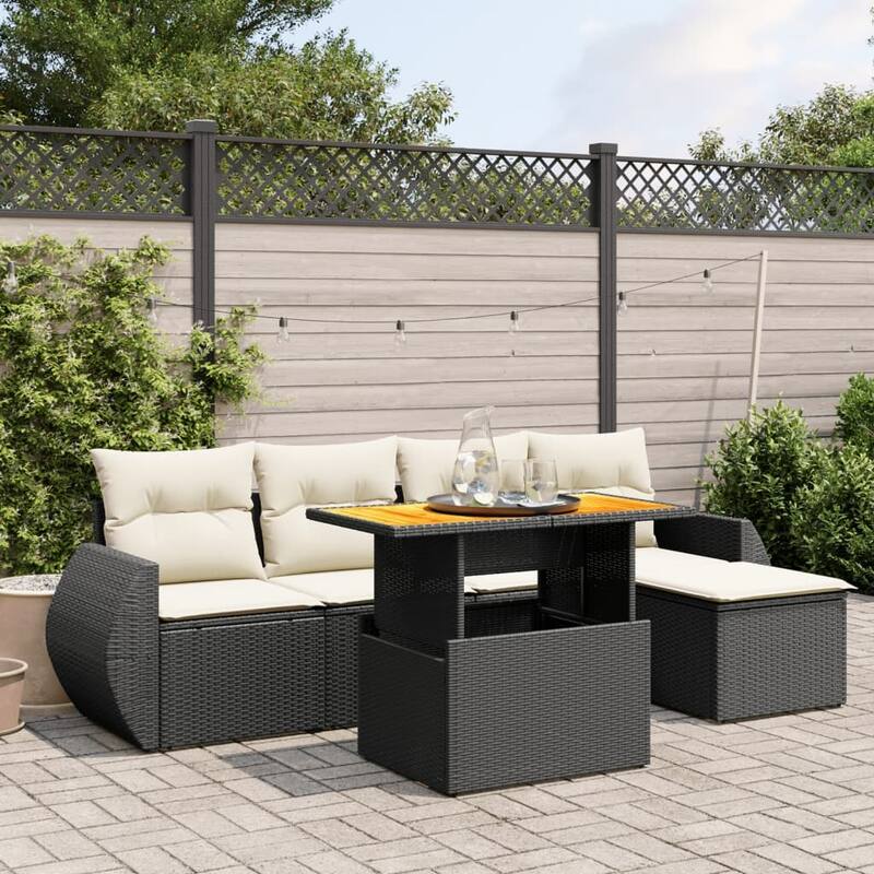 vidaXL Patio Sofa Set with Cushions Modular Sofas and Table 6 Piece Poly Rattan - 21.7 x 39.4 x 28.7 - Black