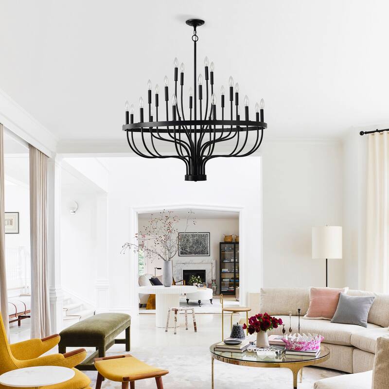 Farmhouse Suspended Pendant Light Fixture 24-Light Black Industrial Iron Candle Chandelier, for Dining Room, Living Room