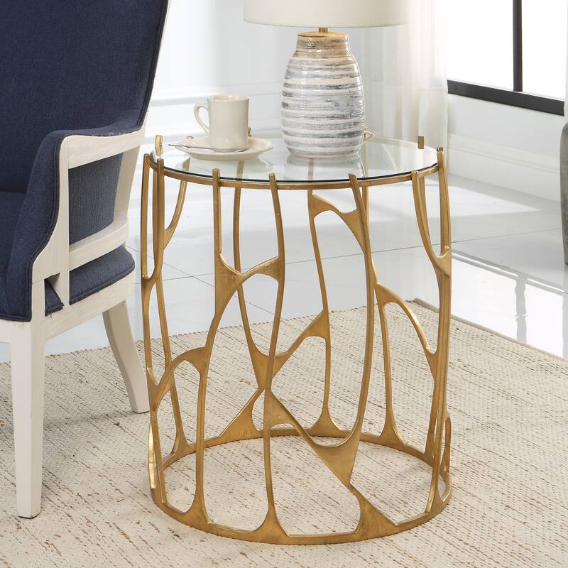Round Glass Top Side Table - 25" - Gold and Clear