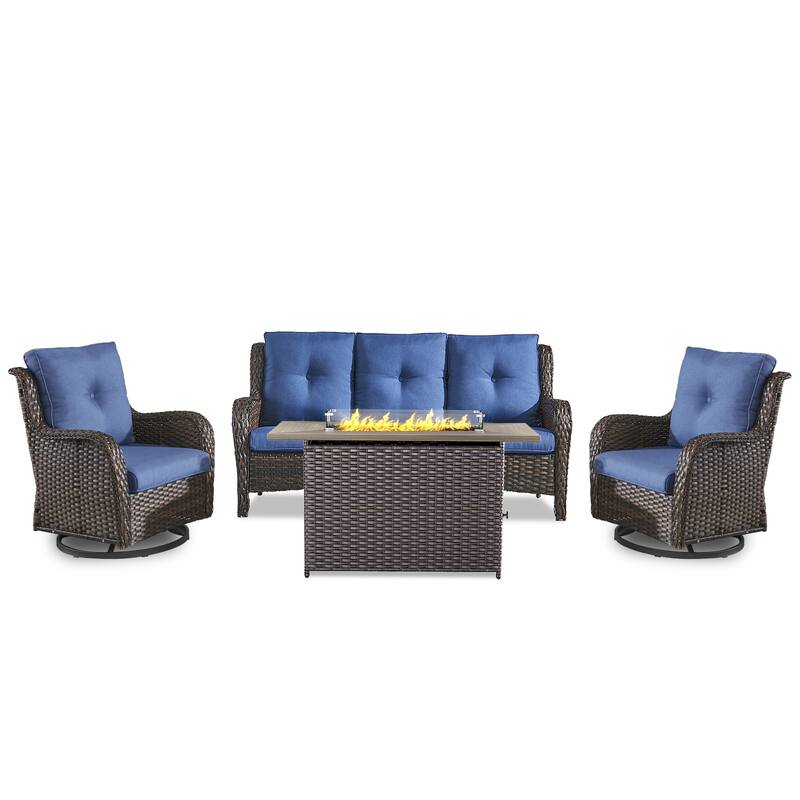 Fire Pit Table with Patio Glider Chairs Sofa Brown-Blue - Brown
