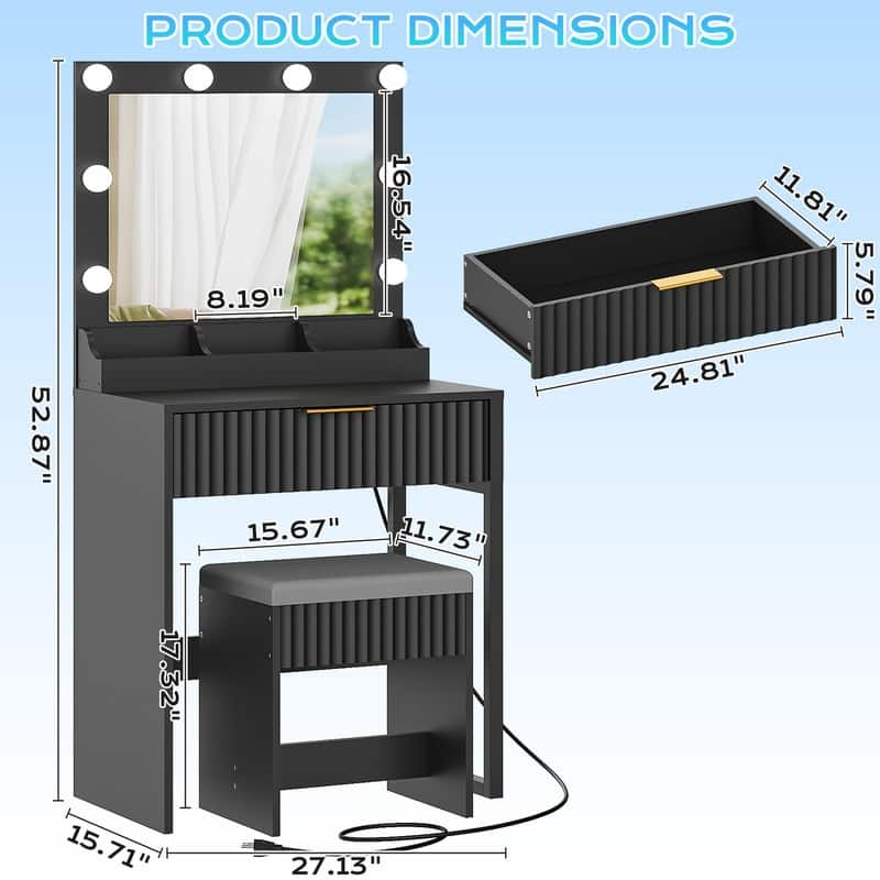 Particle Board Veneered with Textured Melamine, 1-drawer 3-compartment Dressing Table Set with 8 Three-color Dimmable Bulbs