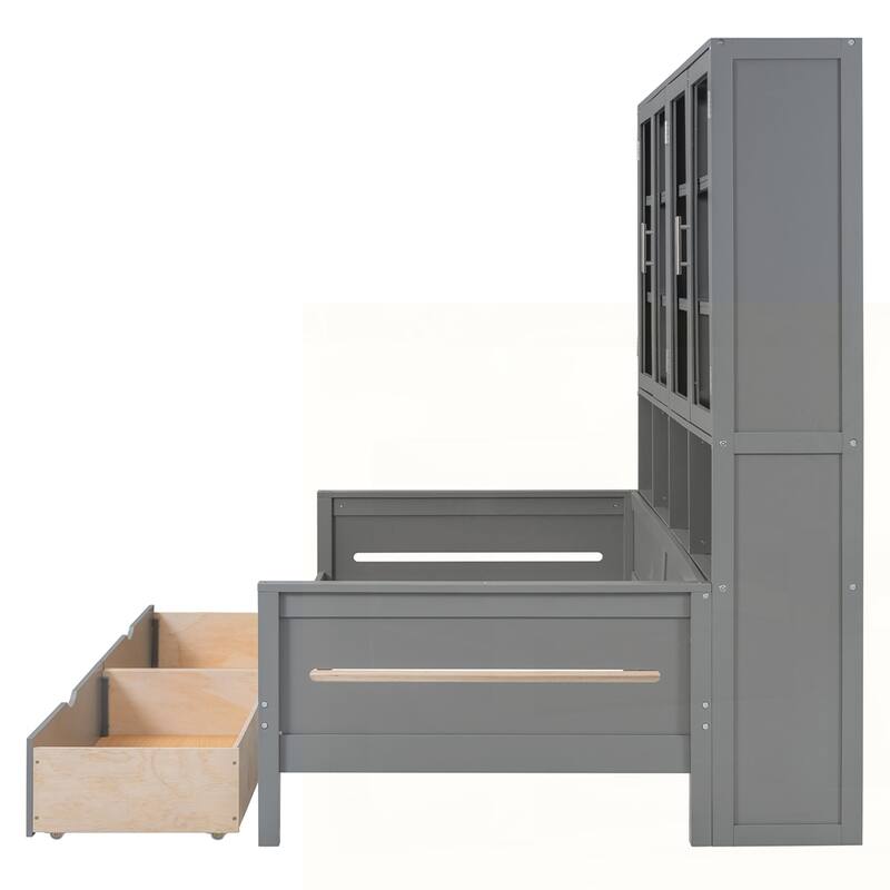 Wooden Daybed with Glass-Door Storage Cabinets and Built-in LED Lighting