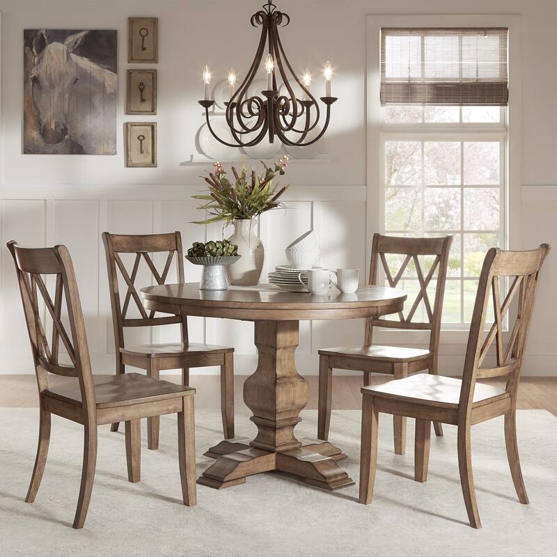 Eleanor Oak Round Solid Wood Top and X Back Chairs 5-piece Dining Set by iNSPIRE Q Classic - Oak Table - Oak Chairs