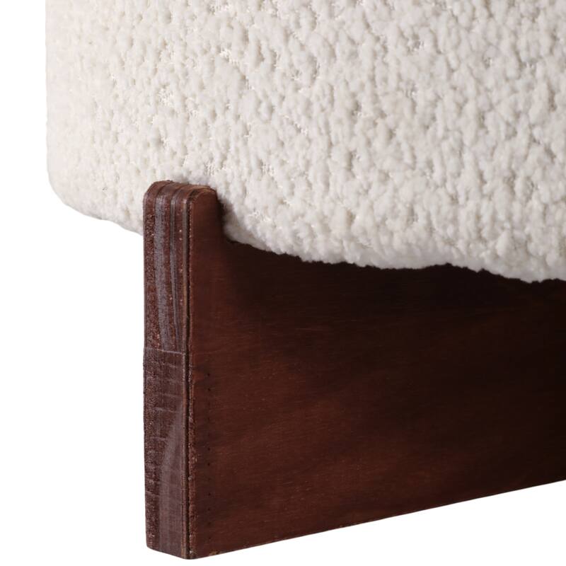 Velvet Round Ottoman Sherpa Finish and X-Base Wood Frame - 18" Ivory