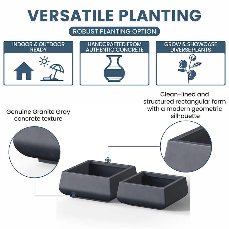 Tall Concrete Square Plant boxes / Large Indoor and Outdoor flower Planters - 2 Piece Set (10, 7.5 Inch High)