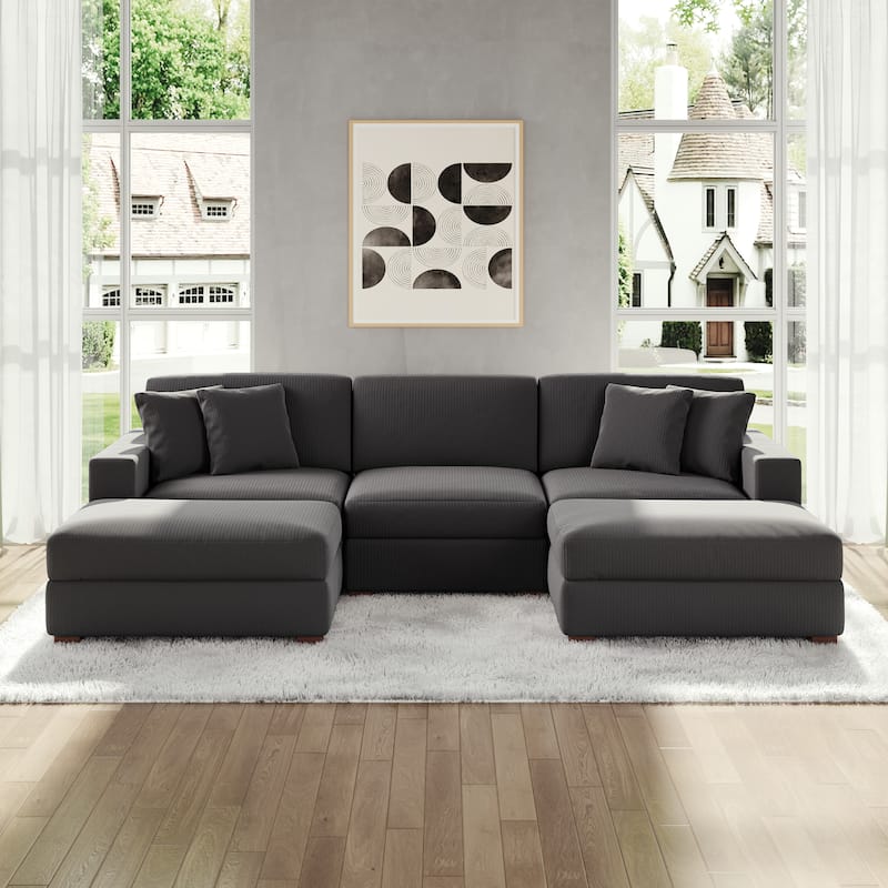Modular Corduroy Sectional Sofa Set Chaise Couch with Ottoman - Grey-5 Piece