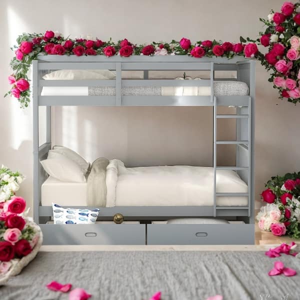 slide 2 of 17, Twin over Twin Bunk Bed With Ladders and Two Storage Drawers for Bedroom Grey