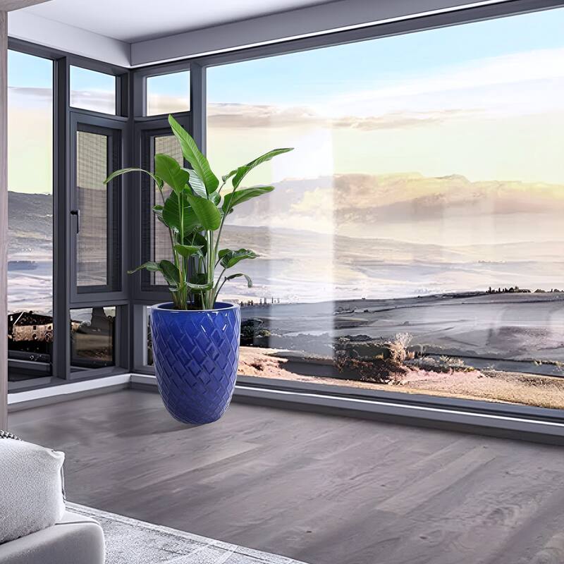 Handmade Ceramic Planter Pot, 17"Diameter, 1 Piece, Navy Blue with Diamond Pattern, for Monstera Deliciosa and Fiddle Leaf Fig