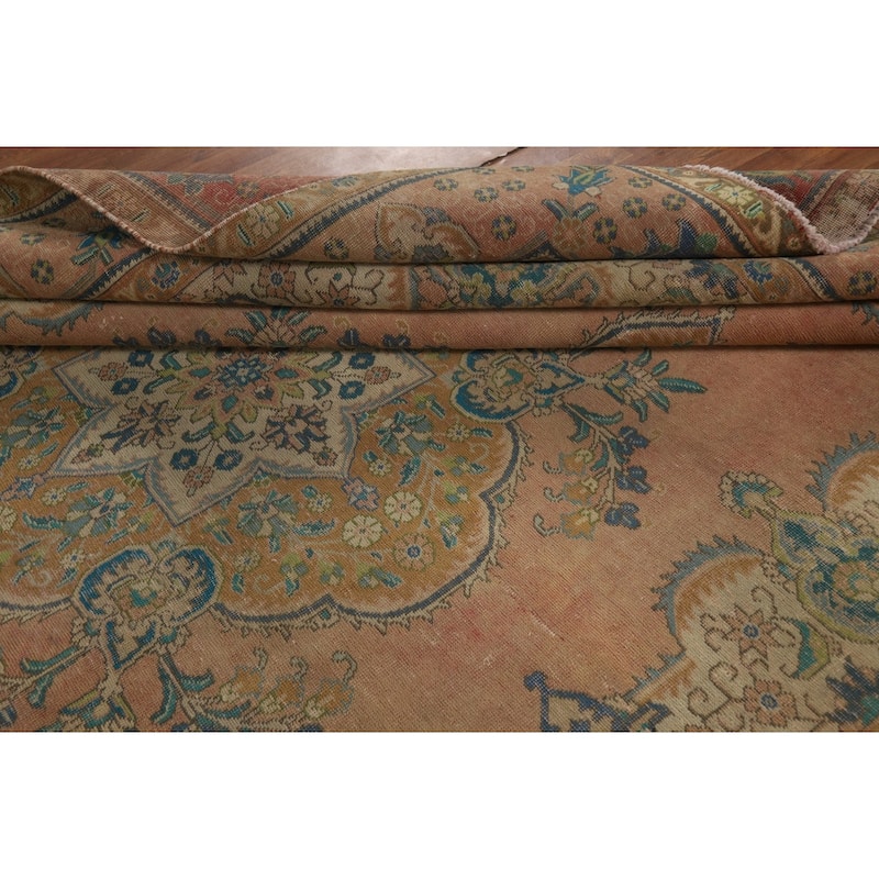 Tabriz Persian Vintage Rug Handmade Traditional Orange Wool Carpet - 9'7" x 12'10"