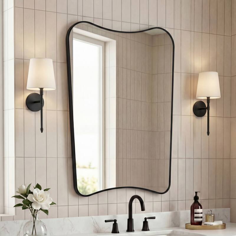 JONATHAN Y Alfie Irregular Metal Framed Wall Mounted Mirror with Flat Bottom - Black - 36 H x 24 W x 1.08 D