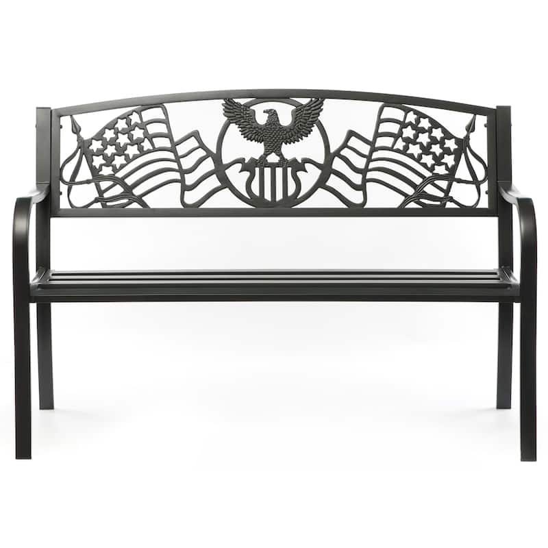 Steel Outdoor Patio Garden Park Seating Bench with Cast Iron "Patriotic American Flag and Eagle" Backrest, Front Porch Bench