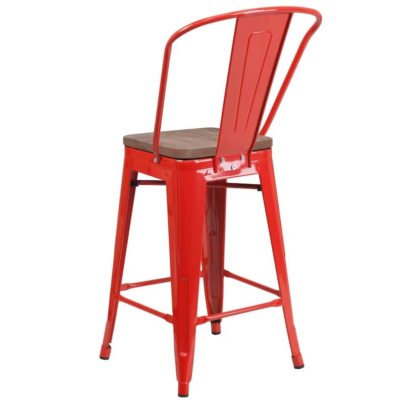 4 Pack 24" High Metal Counter Height Stool with Back and Wood Seat - 17.75"W x 20"D x 39.25"H