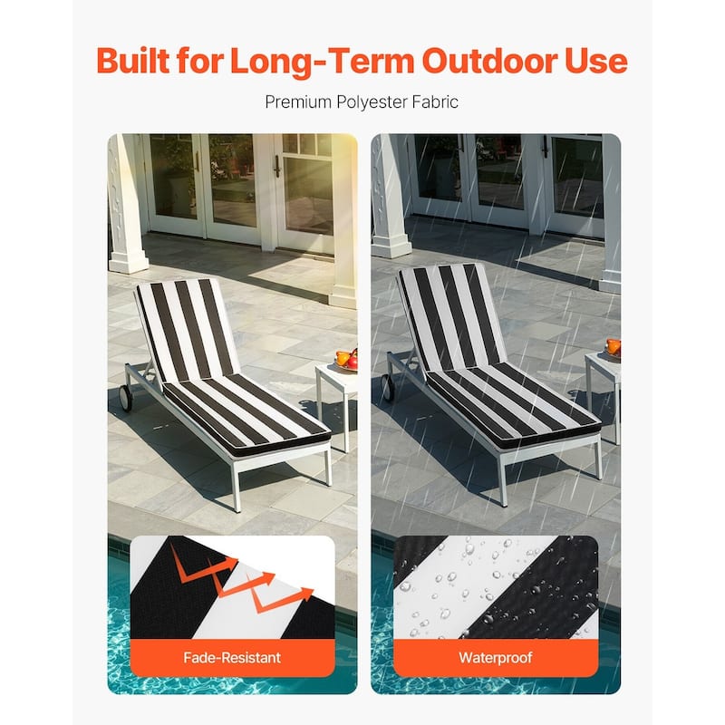 Set of 2 Black, White Stripes Patio Chair Cushion Set with High-Density Foam and Anti-Slip Ties - 74.37” x 22.08” x 2.79”