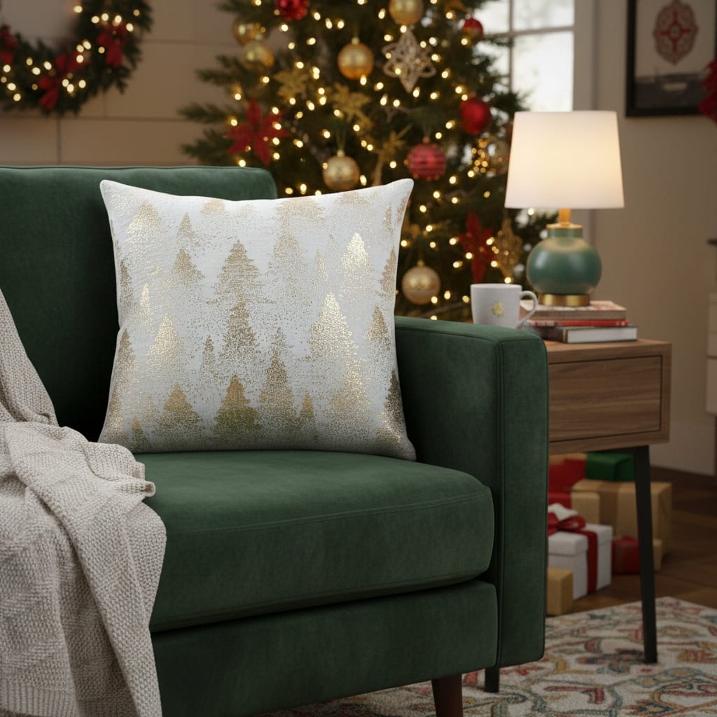 20" Ivory And Gold Cotton Winter Trees Throw Pillow