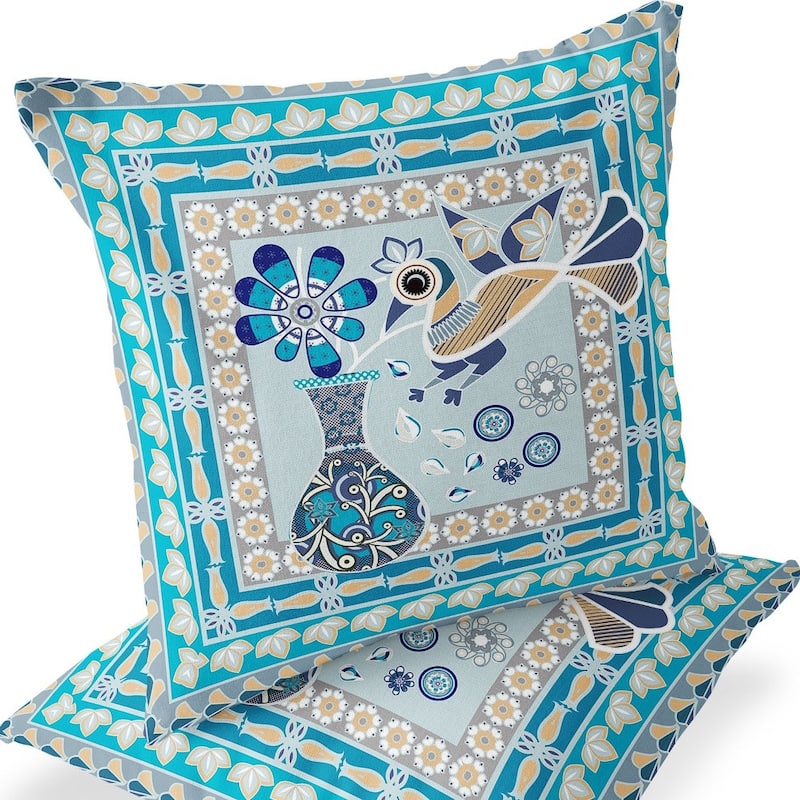 HomeRoots Set of Two 16" X 16" Blue and Gold Peacock Blown Seam Floral Indoor Outdoor Throw Pillow - 16.00' X '16.00' X '5.00