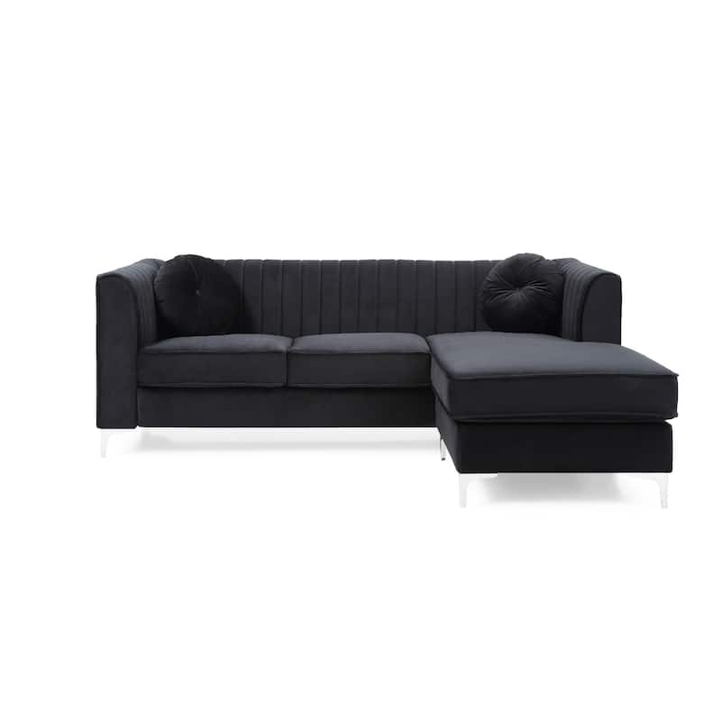 Channel Tufted Velvet L Shape Sectional Sofa with Throw Pillows - 87" - Black