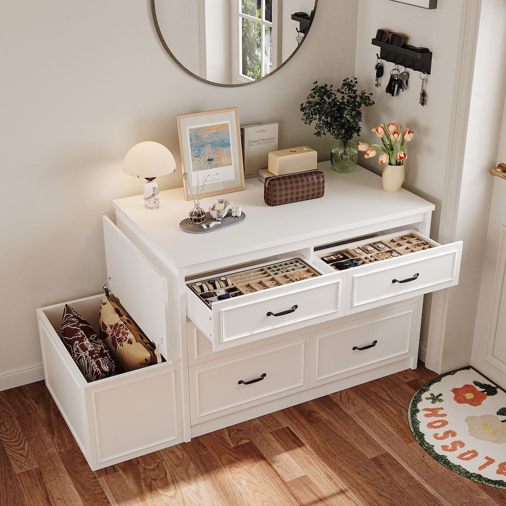 White Dresser with Seat and Storage 6 Drawer Closet Island Cabinet Bedroom Organization Bench