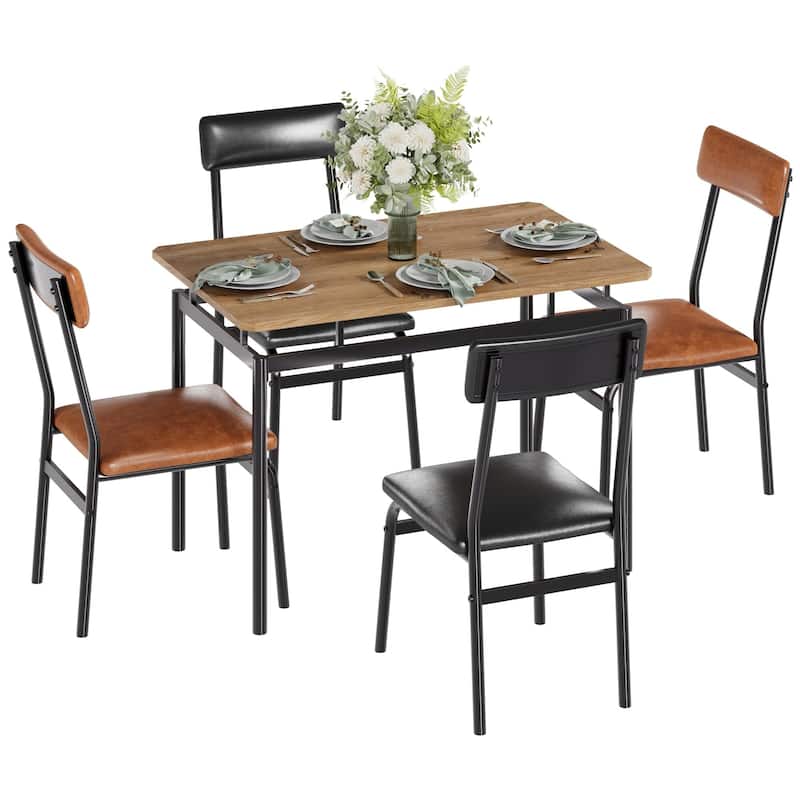 5 Piece Dining Table Set for 4, Small Industrial Kitchen Table with PU Padded Chairs & Metal Frames - Black 2-Piece+Brown 2-Piece