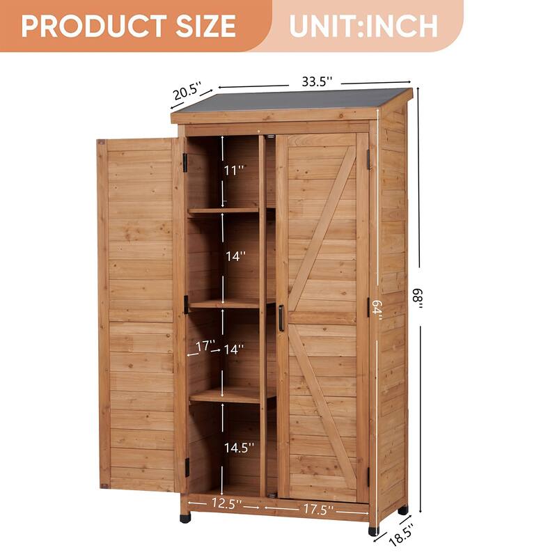 Farmhouse Vertical Storage Shed, Cedar Wood Tool Cabinet with Sloped Metal Roof, Adjustable Shelves - 33.5"L x 18.5"W x 68"H