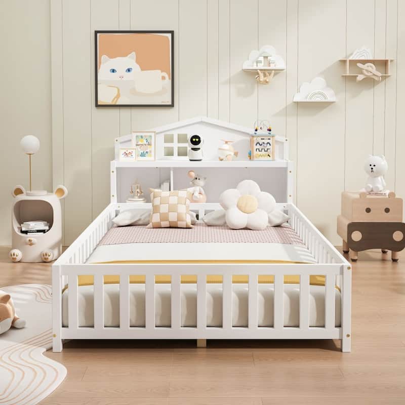 Full-Size Floor Beds with Bookcases and Blackboards Versatile Platform Beds - Full - White