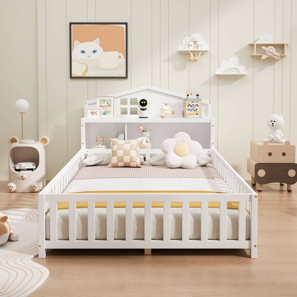 Full-Size Floor Beds with Bookcases and Blackboards Versatile Platform Beds