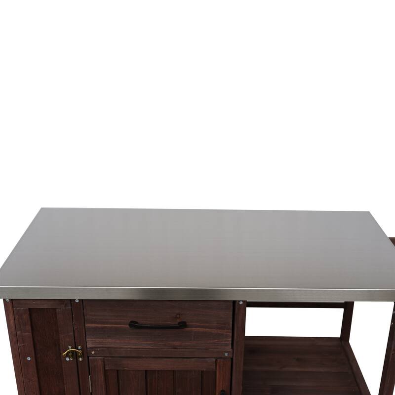 Fir Wood Outdoor Kitchen Prep Station Cart with Stainless Steel Top & Towel Rack
