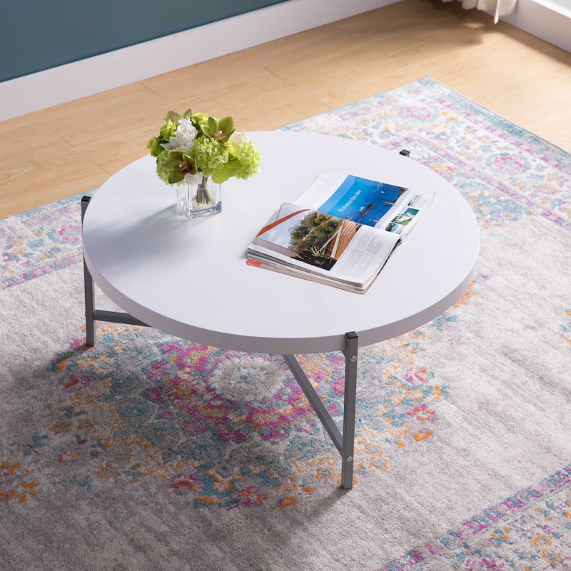 Round Coffee Table with Metal Legs in White and Silver - 36"L x 16.5"H x 36"W