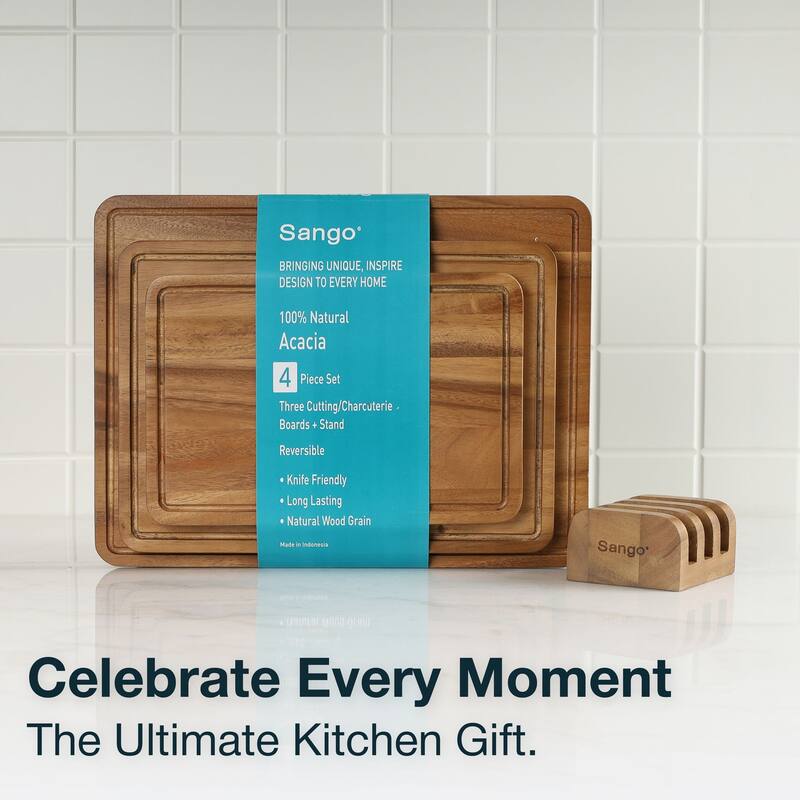 Sango Atelier Acacia Wood 3-Piece Cutting Board Set with Stand- Kitchen Chopping Boards for Meat, Vegetables & Charcuterie