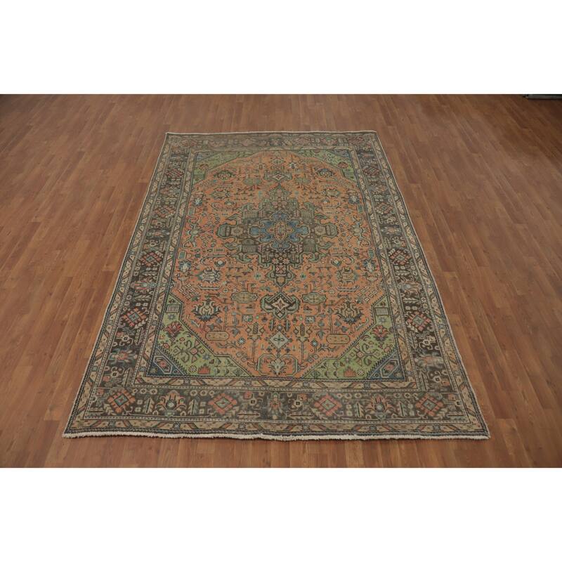 Hand Knotted Oriental 100% Wool Carpet Traditional Medallion Peach Tabriz Area Rug - 9' 5'' X 6' 5''