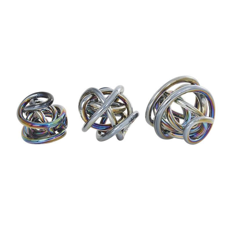 Glass Abstract Handmade Iridescent Knotted Ball Sculpture - Set of 3 Dark Gray, Black or Clear - Roche River Decor