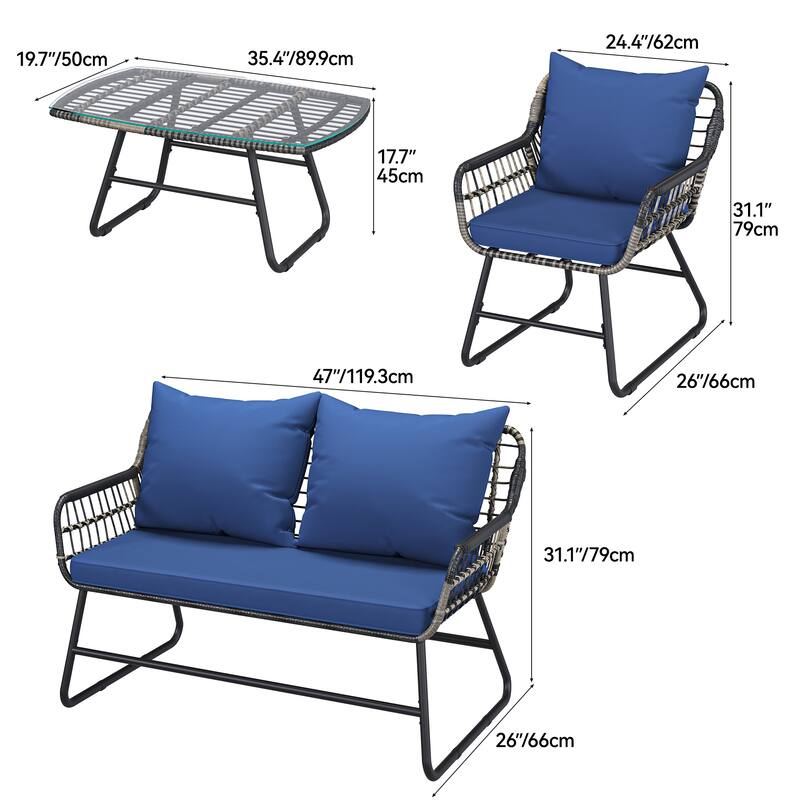 Moasis 4-Piece Blue All Weather Rattan Conversation Loveseat Bistro Set - 4 Pcs