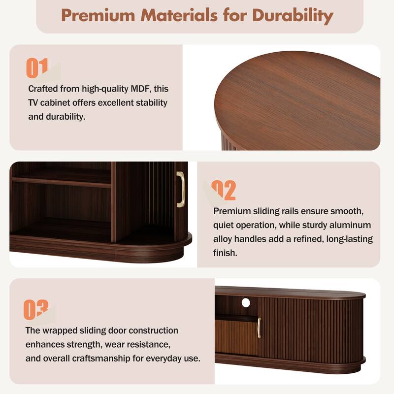 Vintage TV Stand with Sliding Wood Slatted Doors for TVs up to 75", with Drawer, Wood Grain Media Console with Cable Management