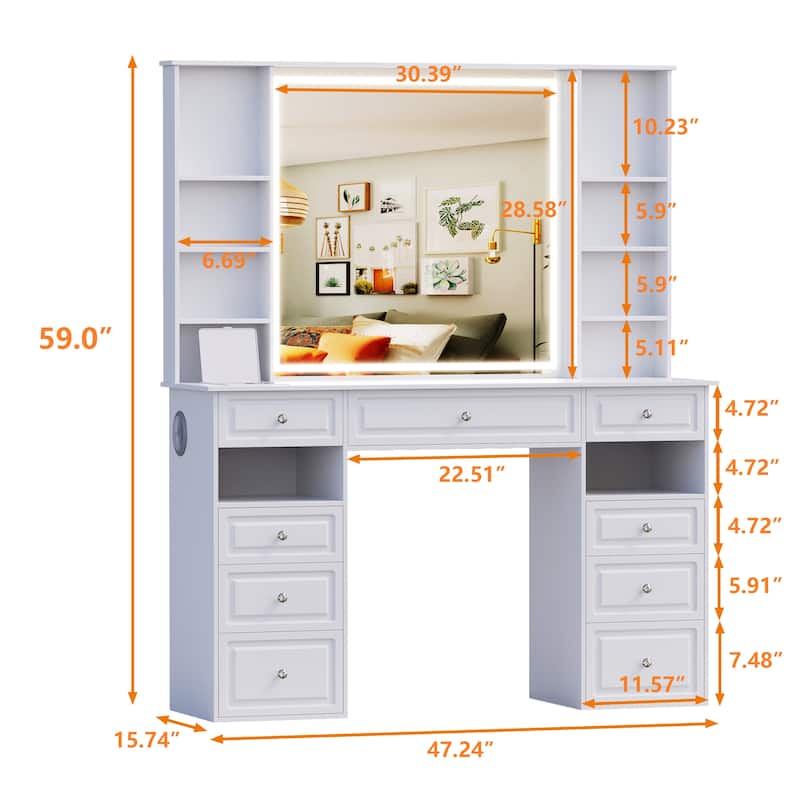Modern Vanity Set with Lighted Mirror,Extra Large Mirror Makeup Vanity Table with 9 Drawers,European Style Vanity