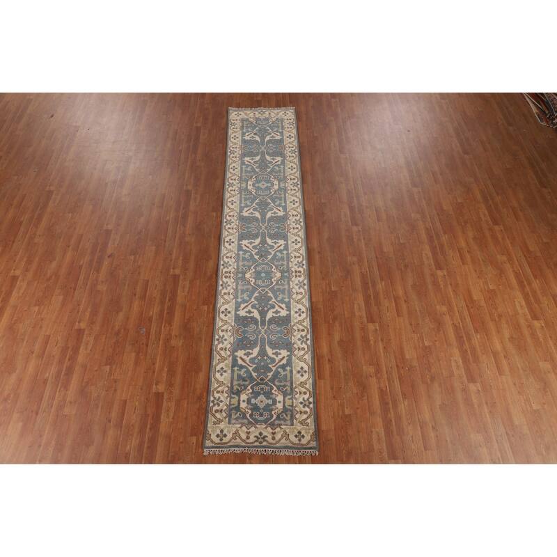 Light Blue Oushak Runner Rug Hand-Knotted Transitional Wool Carpet - 2'5"x 12'0"