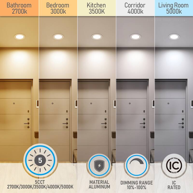 6" 5CCT LED Recessed Light, Anti-Glare Baffle Trim Night Light, CRI90 - 12pack