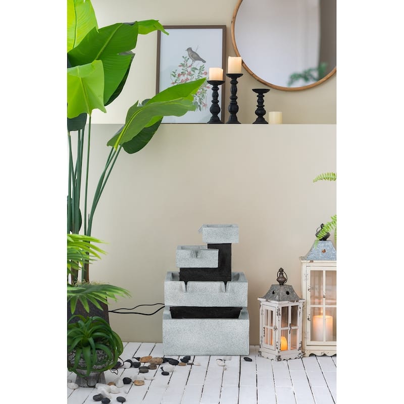 13.6x15.7x22.4" Decorative 4 Tier Gray and Black Block Fountain with Light, for Indoor and Outdoor