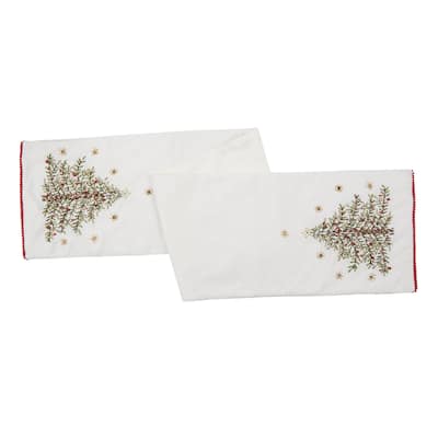 72" x 14" Christmas Holiday Embroidered Christmas Tree on White Background Cotton Table Runner